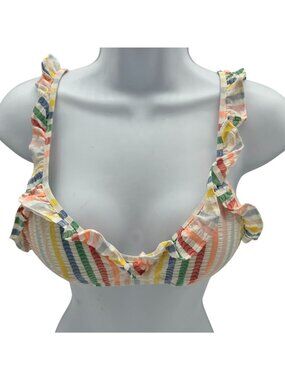 J.Crew Womens French Ruffle Bikini Top Small Multicolor Seersucker Swimwear